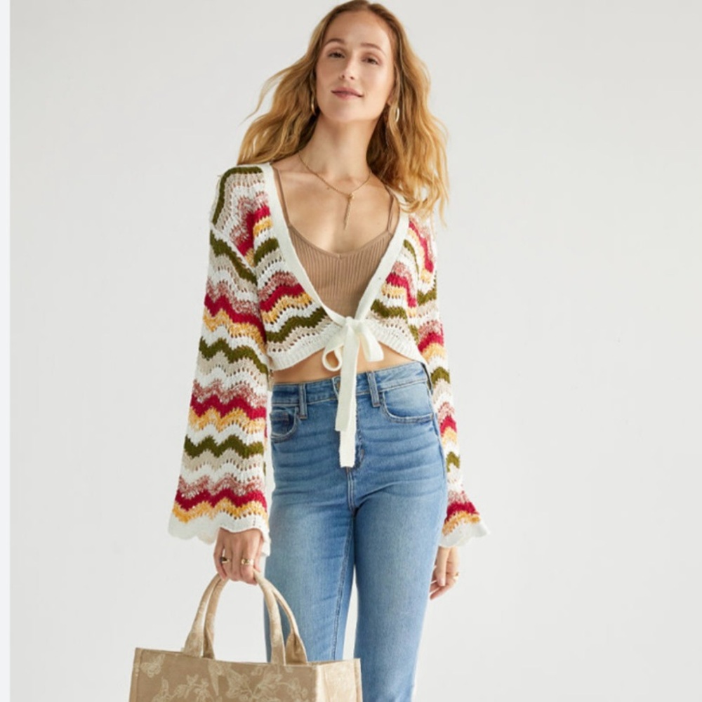 Francesca Emilia Chevron Crochet Cardigan Colorful Size Small NWT